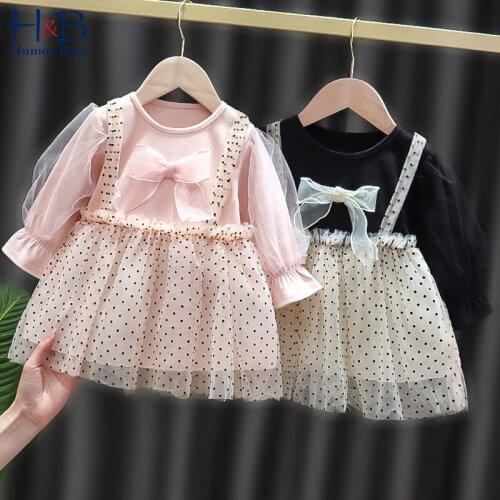 Humor Bear Baby Dress Spring Autumn Long Sleeve New Infant Ploka Dot Printed Mesh Yarn Patchwork Princess Patry Dress Toddler