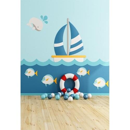 Wooden Floor Photography Backdrops Cartoon Blue Ocean Sailboat Vinyl Cloth Backgrounds for Photo Studio Children Kids Photophone