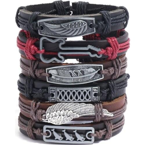 Punk Rock Fashion Men Women Bracelets Set Guitar Feather Wing Dolphin Charm Vintage Leather Bangle Wrap Wristband Casual Jewelry