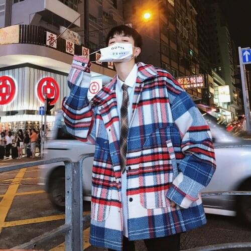 2020 Winter Mens Lattice Printing Worsted Wool Blends Snow Jacket Overcoat Loose Cashmere Cotton-padded Clothes Coat Size S-XL