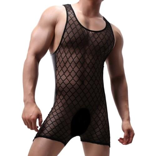 Mens Undershirt Sexy Underwear Breathable Mesh Men Tank Tops Men Bodysuit Undershirt Jumpsuit Shorts Men Sleepwear Nightwear