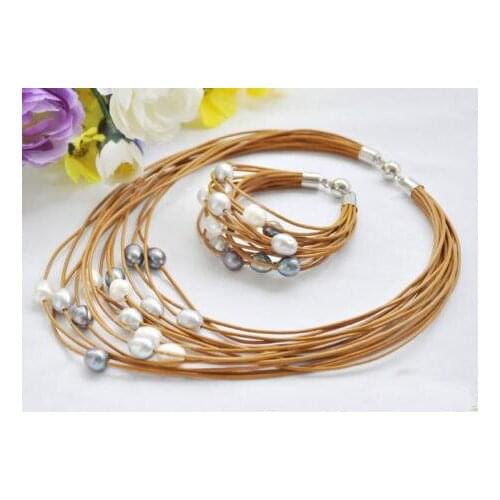 Classic Leather Pearl Jewellery Set,15rows,13mm White Gray Black Rice Pearl Coffee Leather Necklace Bracelet,New Free Shipping