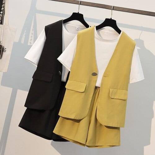 New Fashion Women Plus Size Suits Summer Simple Blazer Vest Jacket And White T-shirt And Short Pants Casual Three Piece Set e027