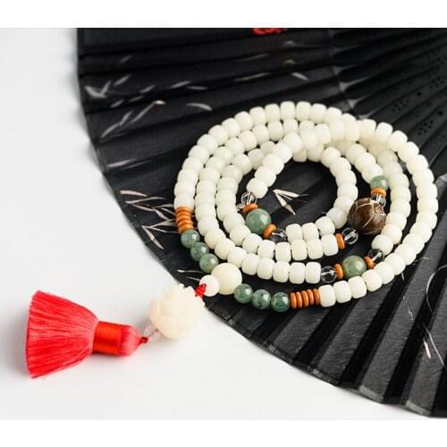 2020 New Designed 108 Beads White Jade Budhi Prayer Beads Lotus Pendants Bracelet for Women with Tassel anime