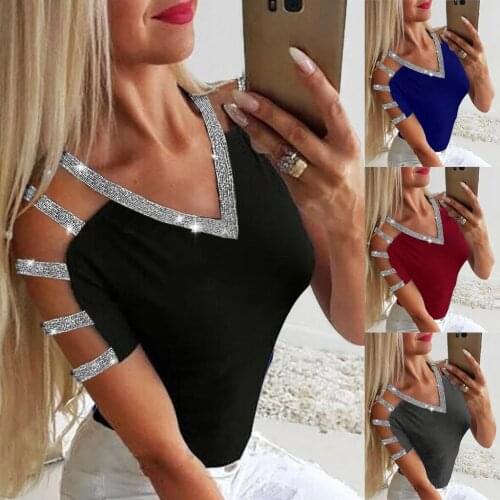 See Through Sequins Sparkly Tee T-shirt V-Neck Cold Shoulder Long Sleeve Party Pullover Tops Slim Low Cut black sexy top Mini