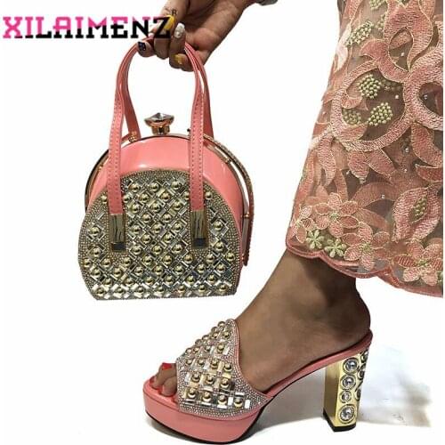 Pink Color 2019 Newest PU Leather Slipper Shoes And Bag To Match Set Summer African Style Shoes And Bag Set For Party 10 Colors
