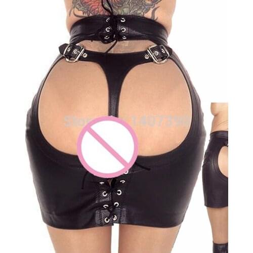 Sexy Leather Skirt Hollow Out Erotic Lingerie Costumes For Women Night Club Wear Clothing Open Crotch Bodycon Dress G-String