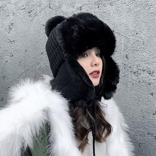 Cold Winter Women Knitting Ushanka Hat Caps Snow Days Thick Warm Ear Protector Bomber Fur Hats Tied