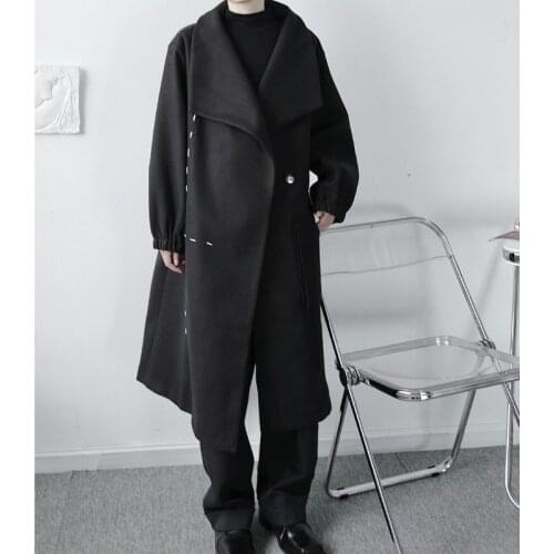 Lapel Knee-Length Woolen Coat Mens Super Loose Profile Tweed Coat