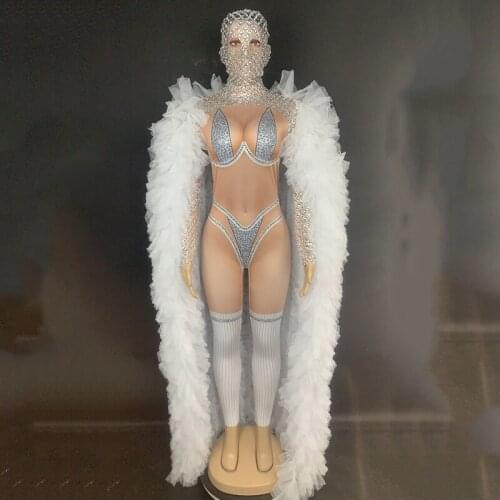 Sexy Rhinestone Headgear Bikini Print Jumpsuit Female Singer Dj Ds Rave Clothing Nightclub Stage Wear Festival Outfit DNV13445