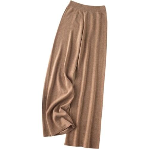 Womens 100% Cashmere And Wool Soft Waxy Comfortable Camel Pants Female Pure Knitted Wide Leg Pants Elastic Casual Loose Knitte