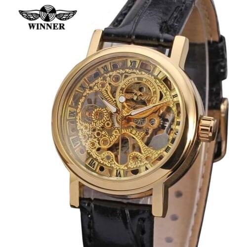 WINNER Top Brand Luxury Women Watch Leather Ladies Clock Hand Wind Mechanical Watches Classic Skeleton Female Clocks 0161