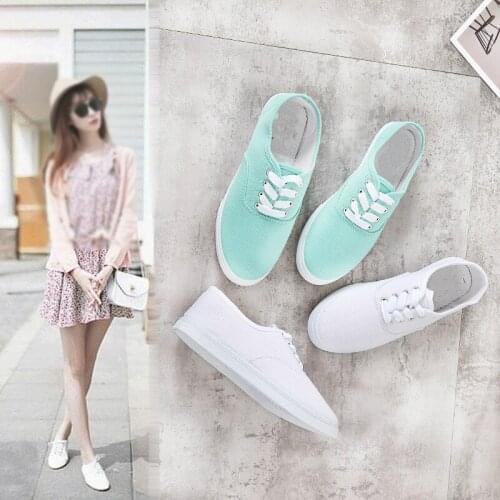 QWEDF White Women Casual Canvas Shoes Female spring Lace-Up Flat Trainers Fashion zapatillas mujer Vulcanize Shoes CR-31