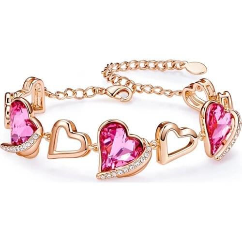 COCOM Heart Gold Bracelet for Women Embellished with Pink Crystals Angel Wing Jewelry Charm Bracelet Bangle Valentines Day Gift