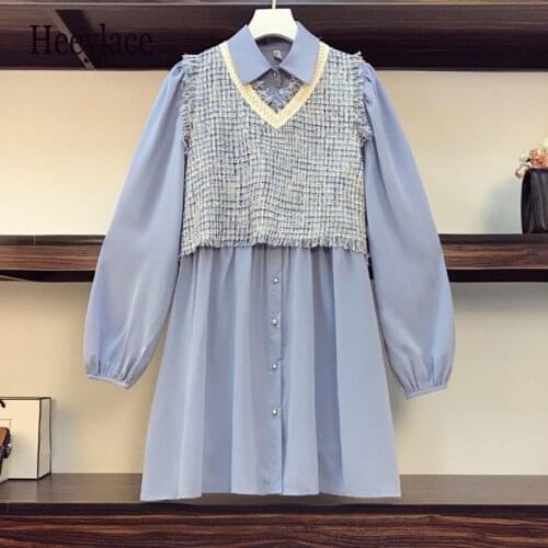 Plus Size Women 5XL Two Piece Dress sets Autumn 2020 Tassel Tweed Vest and Vintage Long Sleeve Loose Blue Shirt Dresses suits