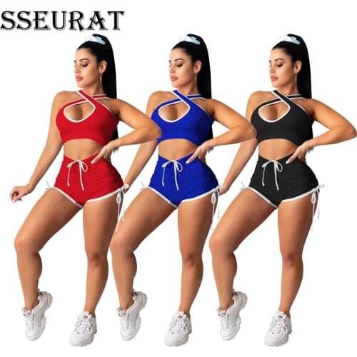 SSEURAT Women Jogger Shorts and Halter Neck Tank Tops Matching Two 2 Piece Set Active Basic Tracksuit Outfits 2021