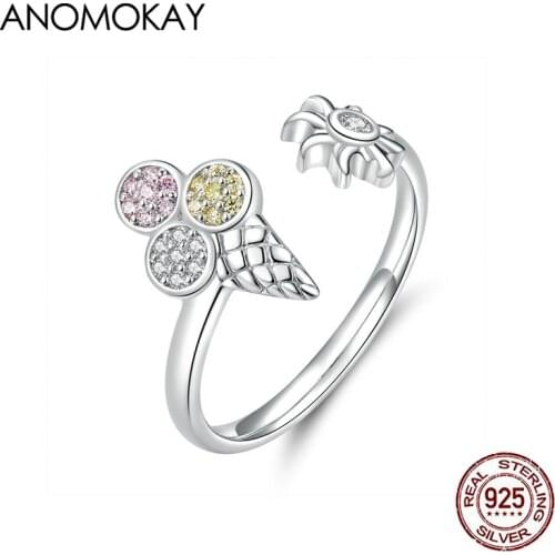 Anomokay New Summer Series Ice Cream Resizable Finger Rings for Women 925 Sterling Silver SunFlower Ring Korean Fashion Jewelry