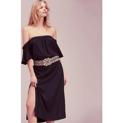 New Womens Fashion One Line Collar Off Shoulder Side Slit Dress
