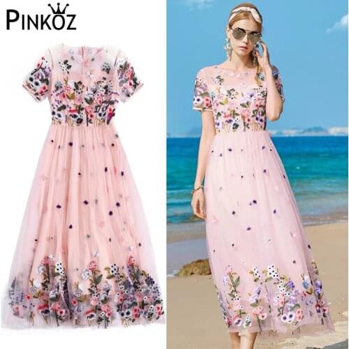 Pinkoz Beach Holiday New 2021 Summer Fashion Runway Elegant Party Dress Women Lace Mesh Flowers Embroidery A Line Long Dresses
