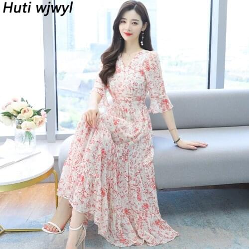 Plus Size Casual Boho Beach Maxi Dress 2021 Summer New Floral Chiffon Sundress Women Vintage Elegant Bodycon Party Midi Vestidos