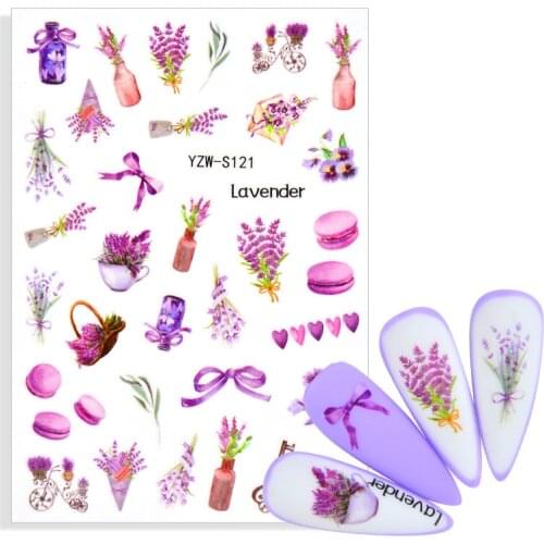 2021 New Blooming Lavender Designs Water Decals Vase Bow Alphabet Leaves Flower Nail Art Sticker Decoration Adhesive Decals
