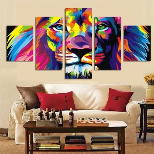 5Panel Print Watercolor Lion Abstract Oil Painting on Canvas Animal Modern Modular Wall Picture Poster for Living Room Cuadros