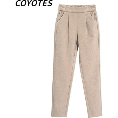 COYOTES Womens Pants Solid Black Harem Pant Women High Waist Pocket Woolen Blends Trousers Casual Trendy Streetwear Elegant