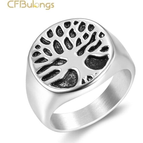 CFBulongs New Stainless Steel Tree Of Life Ring Lucky Amulet Men Women Gold Silver Color Wedding Ring Punk Hip Hop Jewelry
