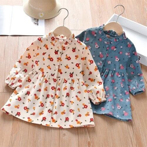 Childrens Spring and Autumn Princess Dress Corduroy Girl Small Flower Single-breasted Dress