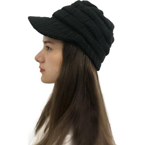 Womens Winter Warm Slouchy Cable Knit Beanie Skull Hat with Visor Knit Visor Beanie Newsboy Cap
