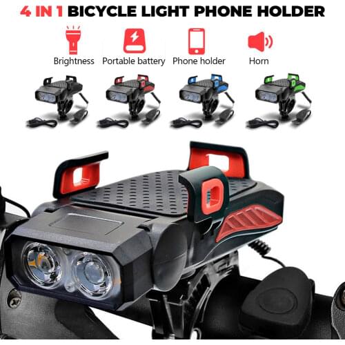 New 4 In 1 Bicycle Light Phone Holder Power Bank Horn Waterproof USB Rechargeable Bike Headlight Integrated Mobile Phone Bracket