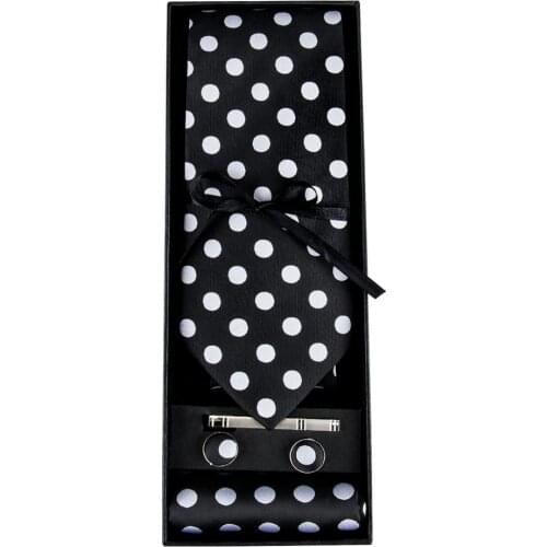 GB-1190 Barry.Wang New Black Dot Necktie Set & Gift Box Jacquard Woven 100%Silk Hanky Cufflink Ties For Men Business Party Groom