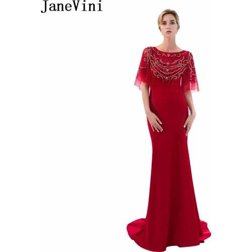 JaneVini Luxury Heavy Beaded Red Long Prom Dresses for Women 2019 Mermaid Sexy Evening Gowns Satin Sweep Train Vestido Formatura