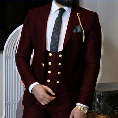 Hot Burgundy Wedding Tuxedos Slim Fit Suits For Men Groomsmen Suit Three Pieces Groom Prom Formal Suits (Jacket+Pants+Vest+Tie)