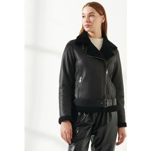 Natural Sheepskin Fur Coat Women Fashion Bomber Jacket With Belt Autumn Winter Trendy Warm Shearling Coat