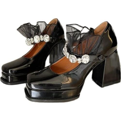 Patent Leather Rhinestone Woman Mary Jane Shoes Platform Black Lace Square Toe Chunky High Heel Single Ankle Buckle Party Lolita