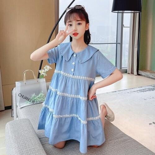 Summer Girls Denim Dress Baby Kids Soft Cotton Dresses Casual Girls Short-sleeved Dress Children Clothing 4 6 8 10 12 14 Years