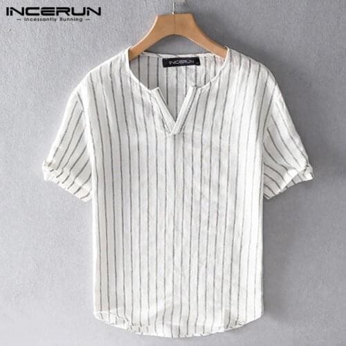 INCERUN 2021 Summer Men Striped Shirt Brand V Neck Breathable Chic Short Sleeve Camisas Vintage Streetwear Casual Pullover S-5XL