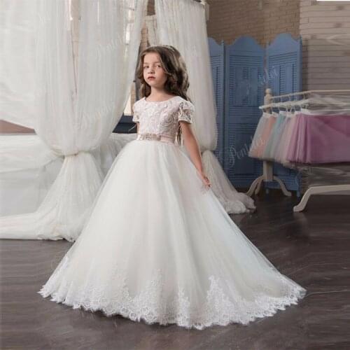 Hot Pretty Ivory Crystal Lace Flower Girl Dress for Weddings Belt Ball Gown Girl Party Communion Dress Pageant Custom made
