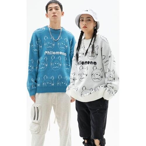 Fashionable Brand Retro Cute Full Printed Men Cartoon Towel Embroidered Bf Style Sweater Student Loose Casual Garment