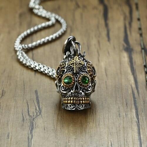 Vnox Gothic Skull Pendants for Men Stainless Steel Skeleton Filigree Crafts Green Stone Eyes Punk Male Jewels