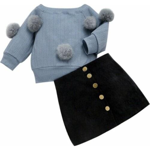 New Toddler Kids Baby Girls Clothes Autumn Hairball Knit Tops+Skirt Outfits Autumn Winter Clothes Set 1-6T 2PCS