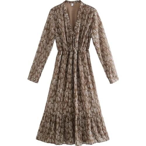 Toppies 2021 spring floral printing midi dress pleated v-neck women dresses long sleeve elastic waist