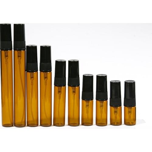 50pcs/Lot 2ml 3ml 5ml 10ml Empty Refillable Amber Glass Mist Spray Perfume Bottle With Pump Sprayer Mini Vials Case