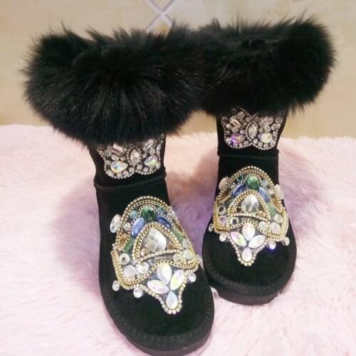 European winter high-end custom snow boots fashion fur one warm womens boots rhinestone high boots womens boots