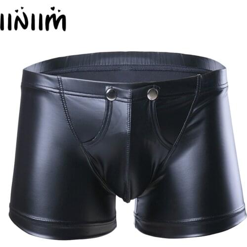 Iiniim Sexy Men Lingerie Panties Faux Leather Shorts Underpants Underwear Open Press Button Jockstraps Bulge Pouch Boxer Shorts