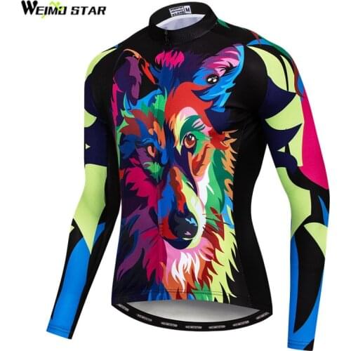 Weimostar Printing Wolf Cycling Jersey Long Sleeve Shirt Autumn MTB Bicycle Cycling Clothing Breathable Mountain Bike Jersey Top