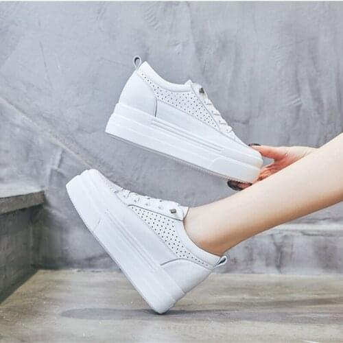 Womens White Shoes 2021 Spring Summer Genuine Leather High Heels Shoes Women Chunky Sneakers Female Breathable Shoe Sneakers