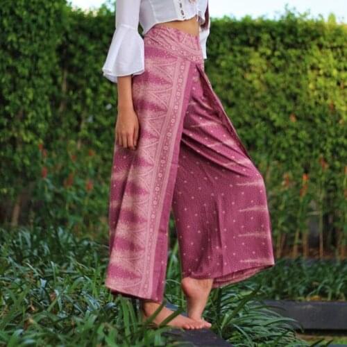 Ethnic Florial Stripe Printed Women Casual Versatile Sports Yoga Pants Ladies Slit Wide Leg Trousers Beach Bohemian Hippie Platt