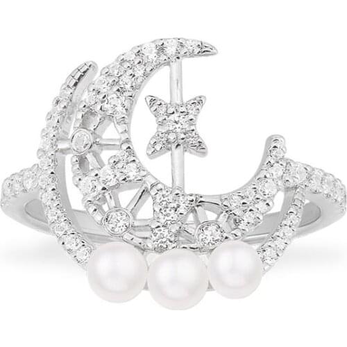 SLJELY Fashion Real 925 Pure Sterling Silver Moon & Star Ring with Pearl AAA Zirconia Women Luxury Brand Fine EDEN Party Jewelry